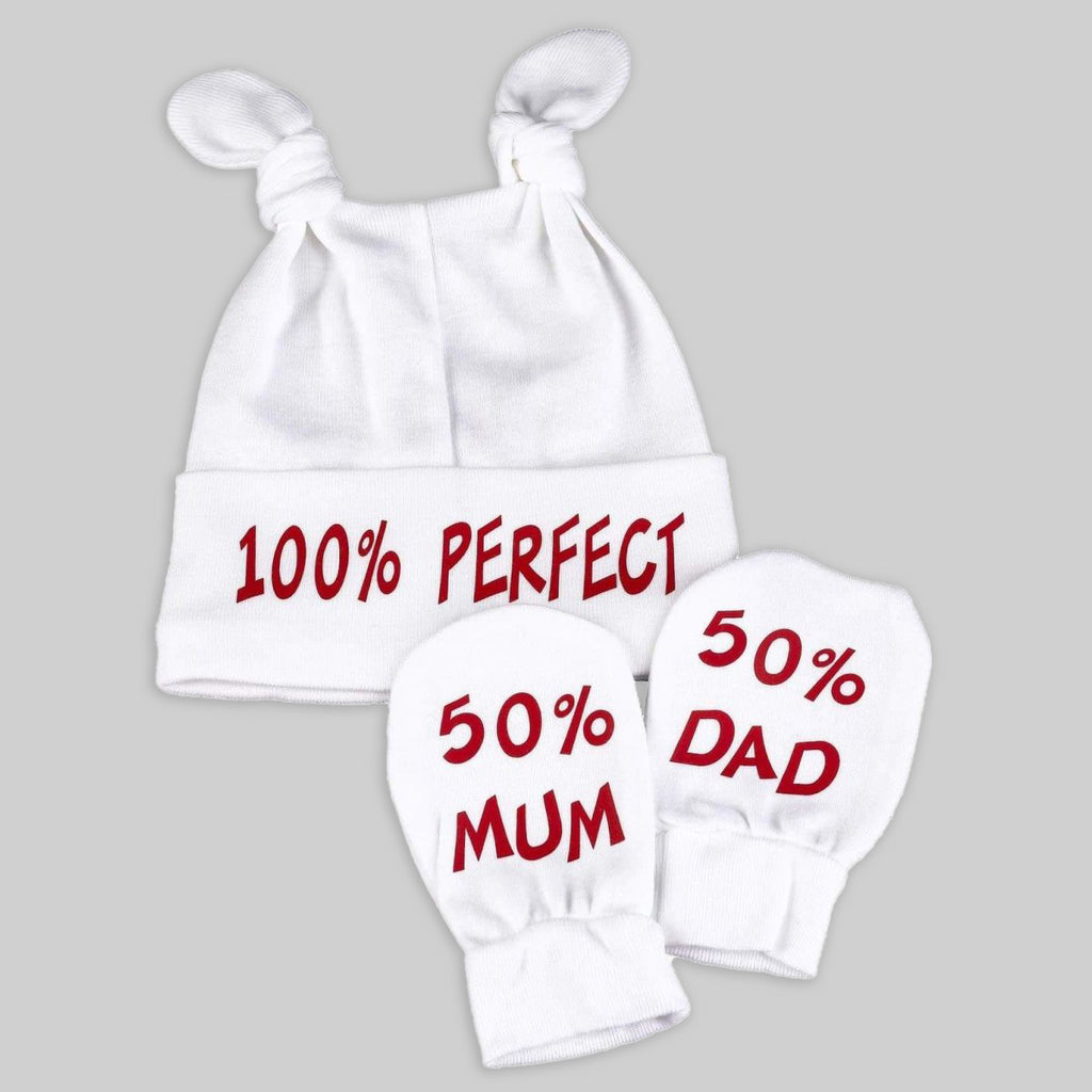 100% Perfect Knot Hat & 50% Mum And 50% Dad Scratch Mits Baby Set