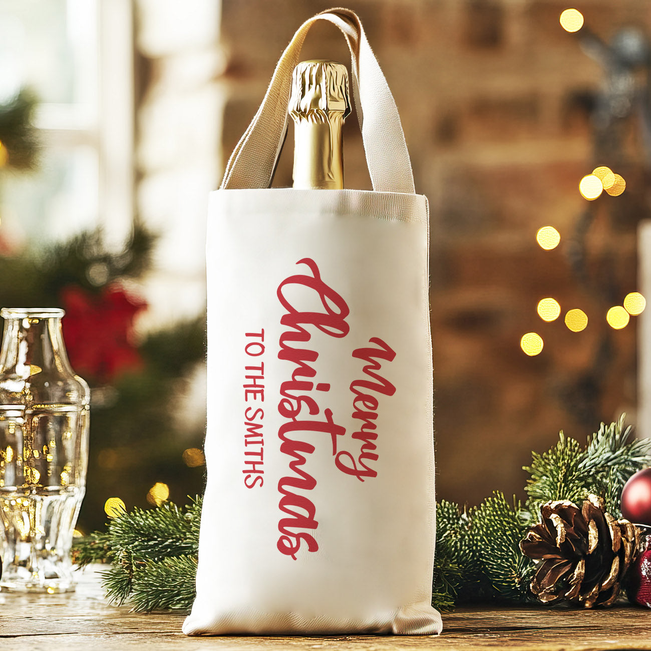 PERSONALISED - Merry Christmas To The Family Name - Christmas Bottle Bag