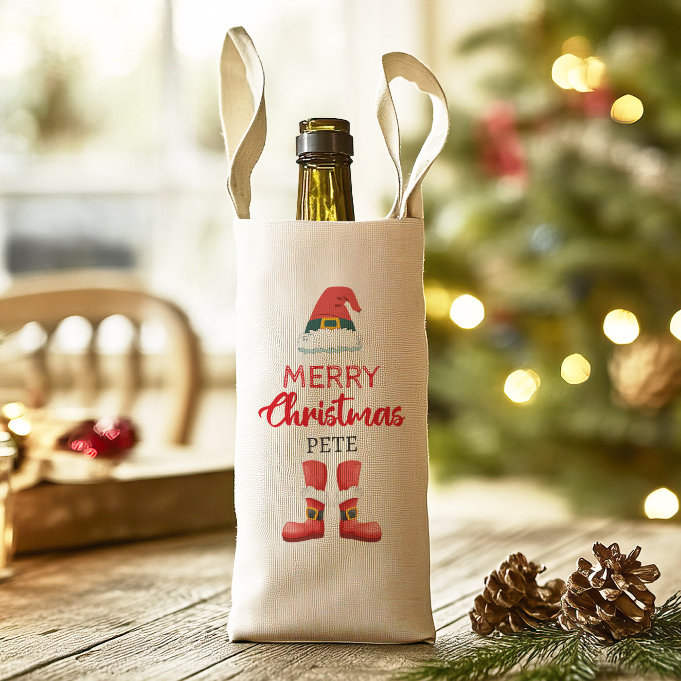 PERSONALISED - Merry Christmas with Hat & Feet - Christmas Bottle Bag