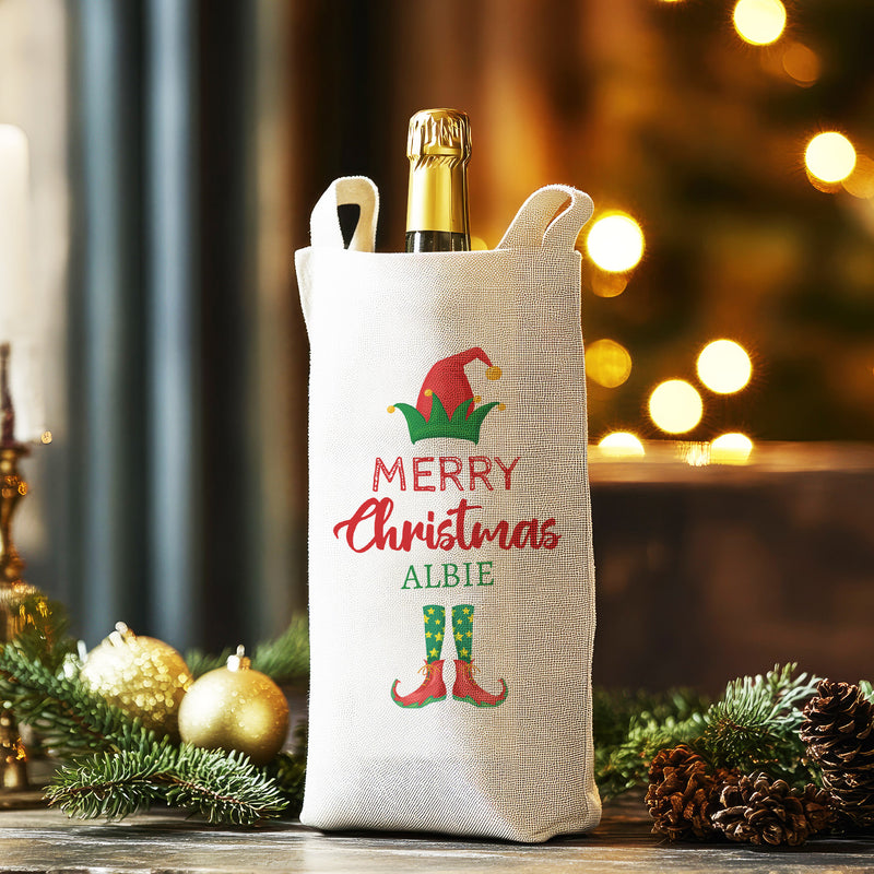 PERSONALISED - Merry Christmas Elf Hat & Feet - Christmas Bottle Bag