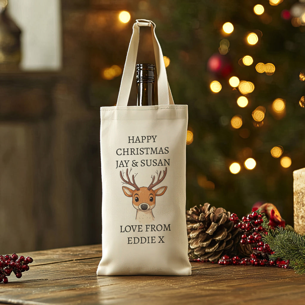 PERSONALISED - Happy Christmas Reindeer Cartoon - Christmas Bottle Bag