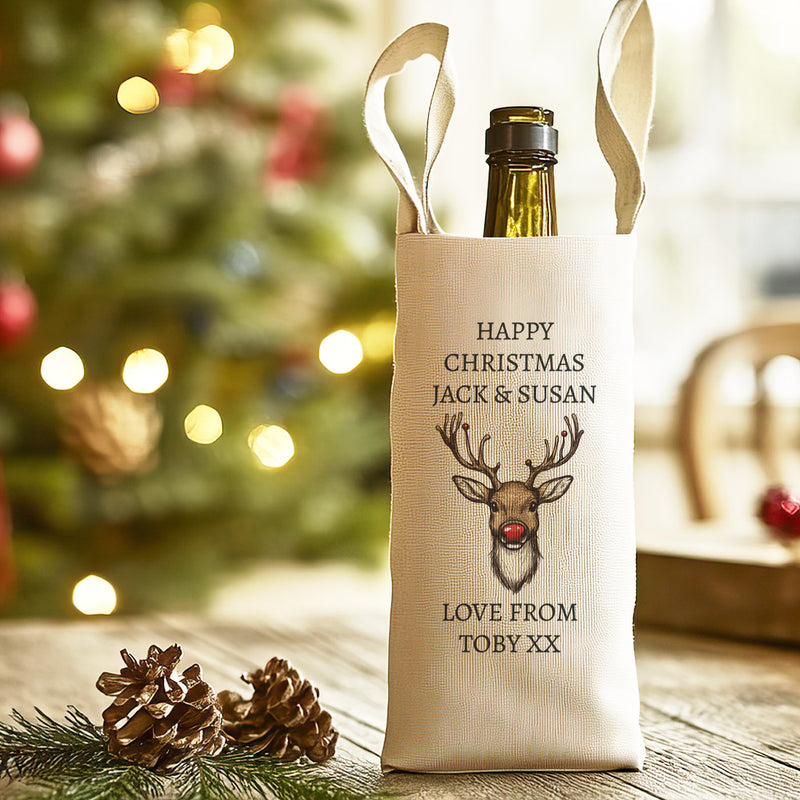 PERSONALISED - Happy Christmas Red Nose Reindeer - Christmas Bottle Bag