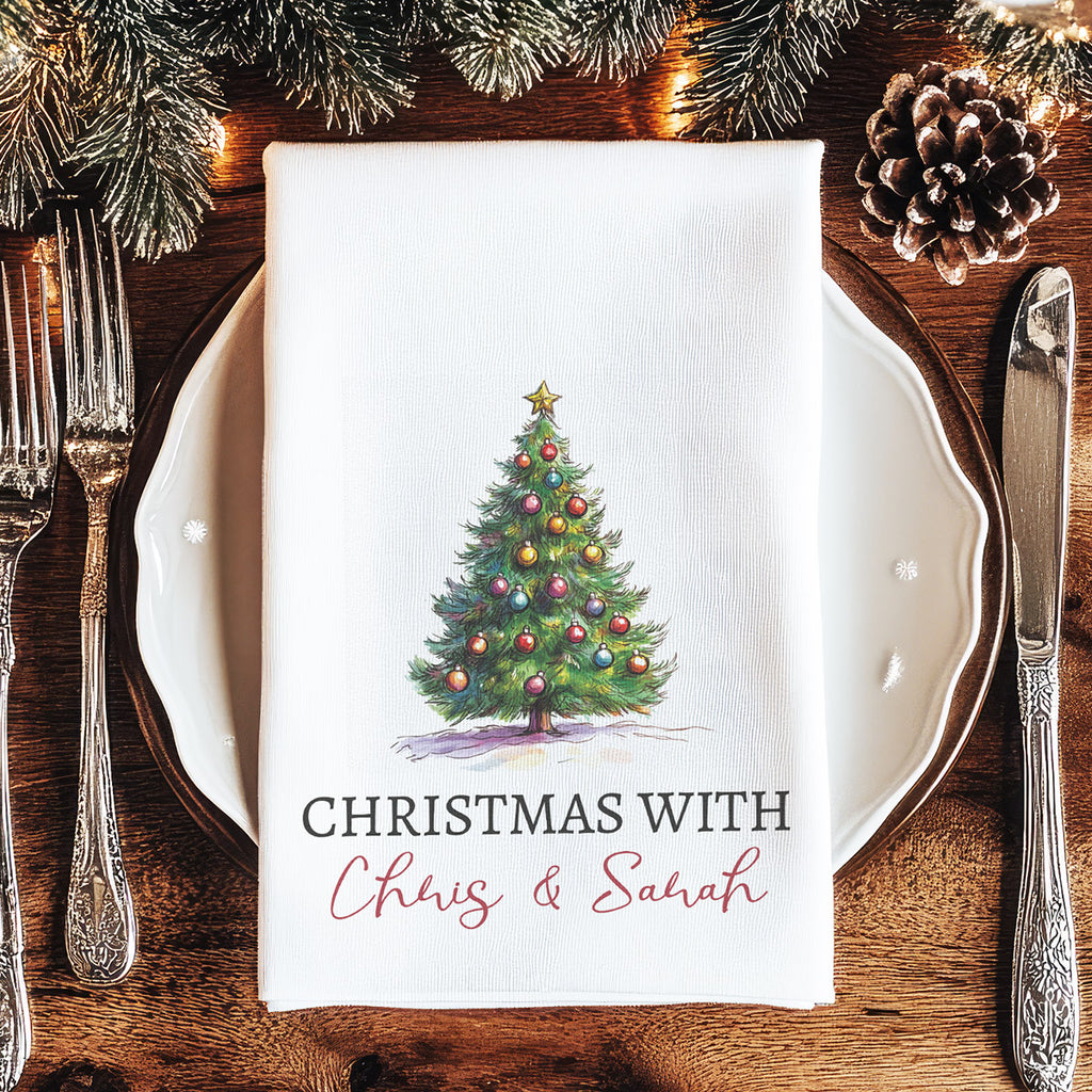 PERSONALISED - Christmas Tree Design, Christmas With - Christmas Tea Towel