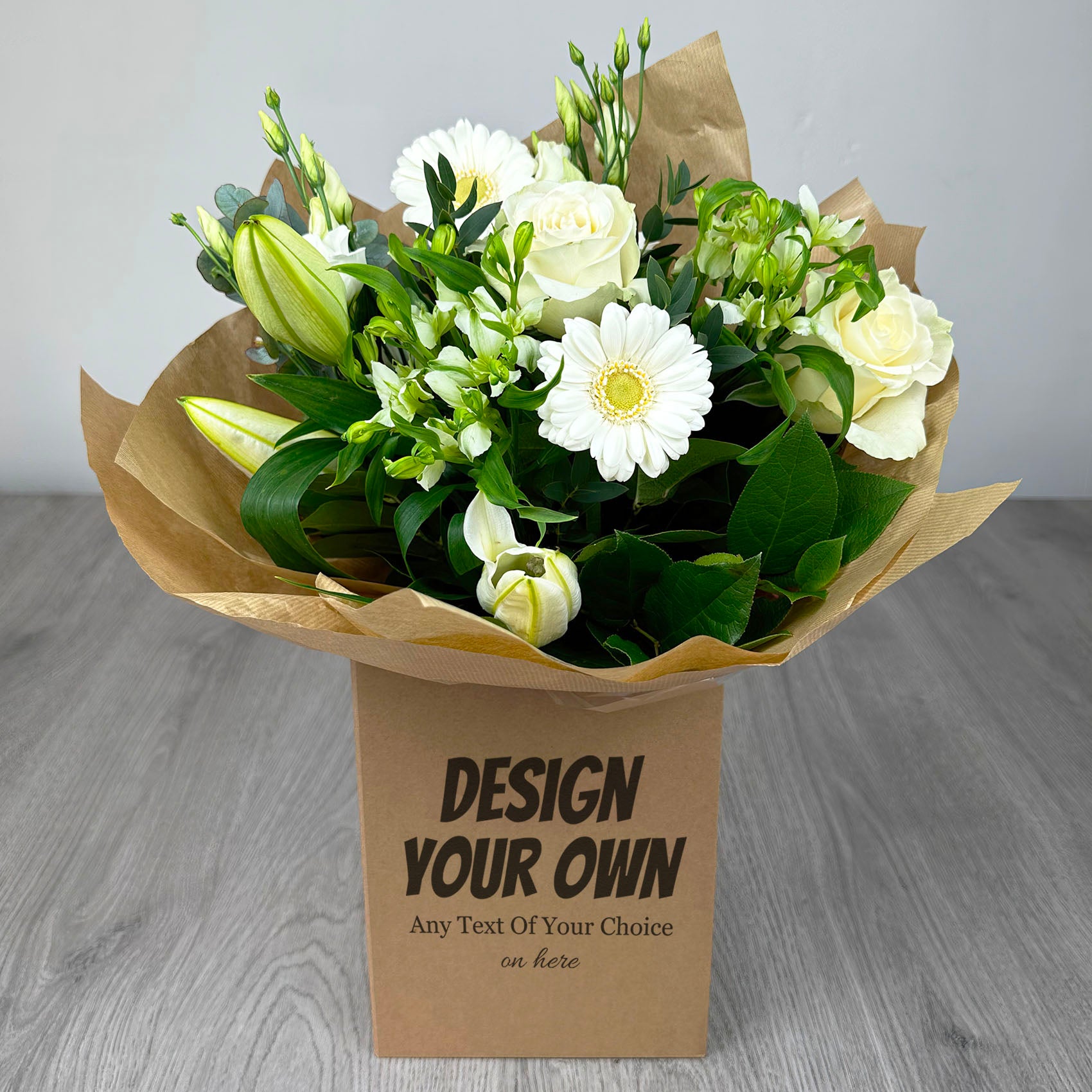 PERSONALISED Classic Whites Hand Tied Box Bouquet - Create Your Own Text Design