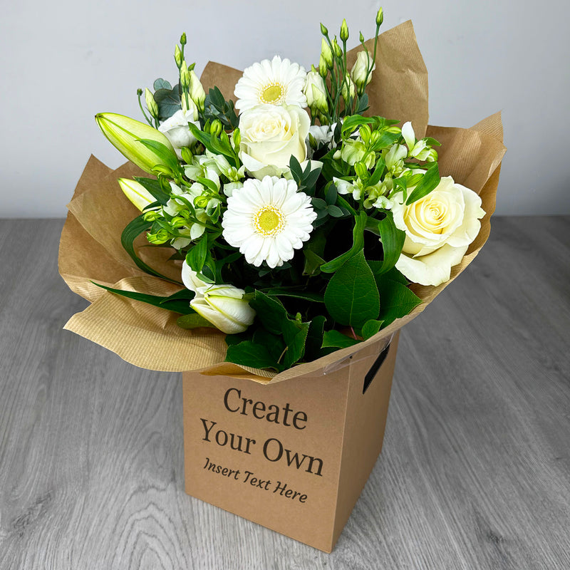 PERSONALISED Classic Whites Hand Tied Box Bouquet - Create Your Own Text Design