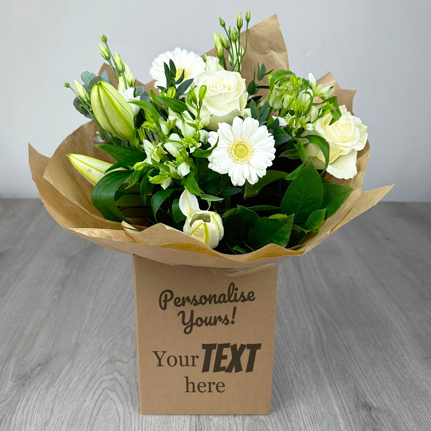 PERSONALISED Classic Whites Hand Tied Box Bouquet - Create Your Own Text Design