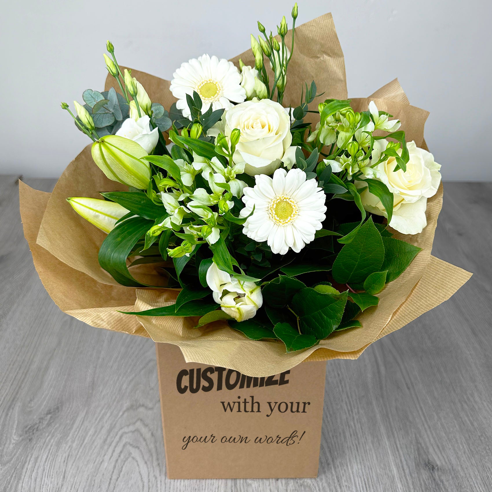 PERSONALISED Classic Whites Hand Tied Box Bouquet - Create Your Own Text Design