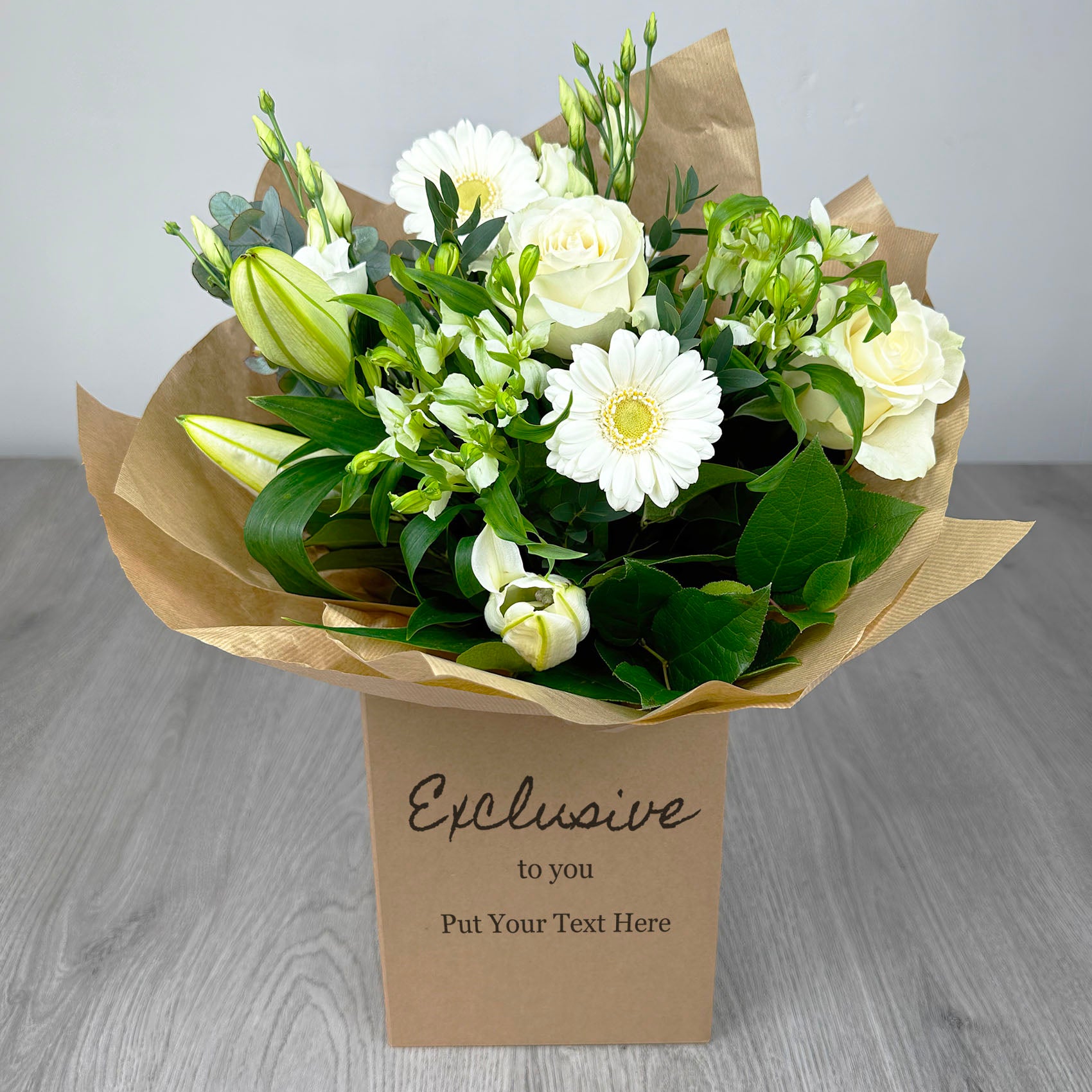 PERSONALISED Classic Whites Hand Tied Box Bouquet - Create Your Own Text Design