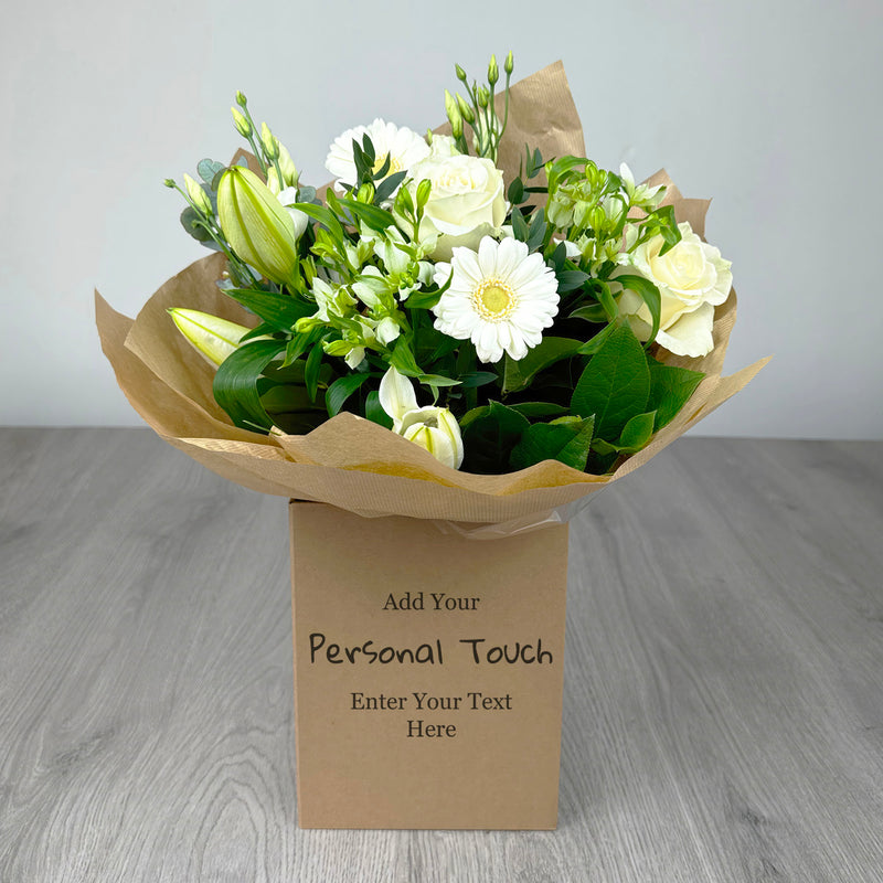 PERSONALISED Classic Whites Hand Tied Box Bouquet - Create Your Own Text Design