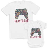 Retro Coloured Player One & Player Two - Baby / Kids T-Shirt & Men's T-Shirt - (Sold Separately)