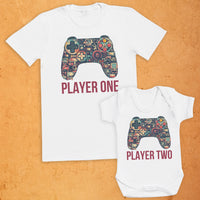 Retro Coloured Player One & Player Two - Baby / Kids T-Shirt & Men's T-Shirt - (Sold Separately)