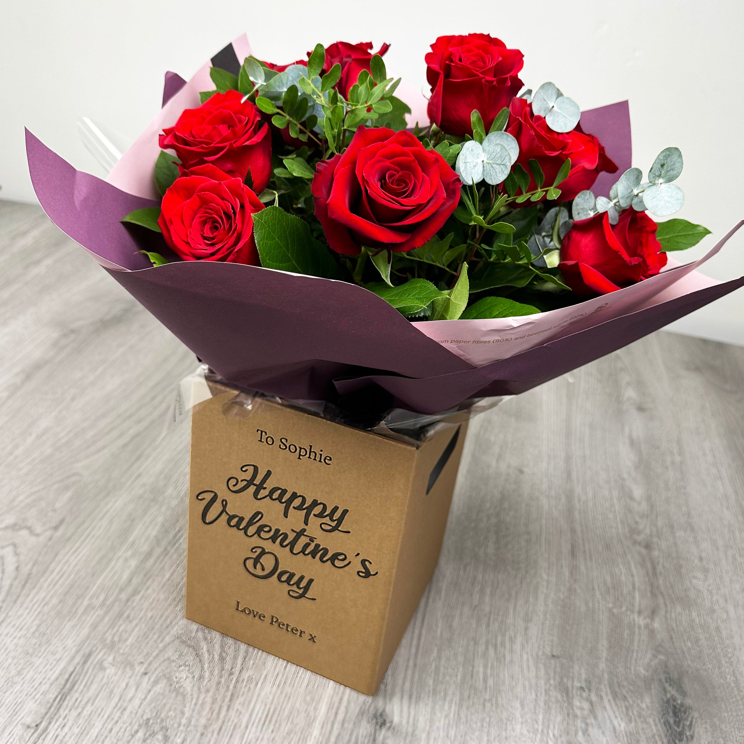 PERSONALISED Hand Tied Box & 12 Luxury Red Roses Bouquet - Dozen Red Roses