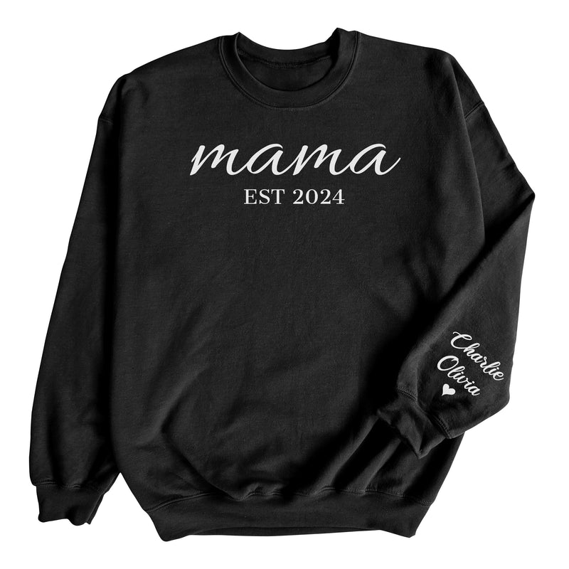 PERSONALISED Mama Scripted Est & Sleeve Name Print - All Styles - Mum T-Shirt, Sweater & Hoodie