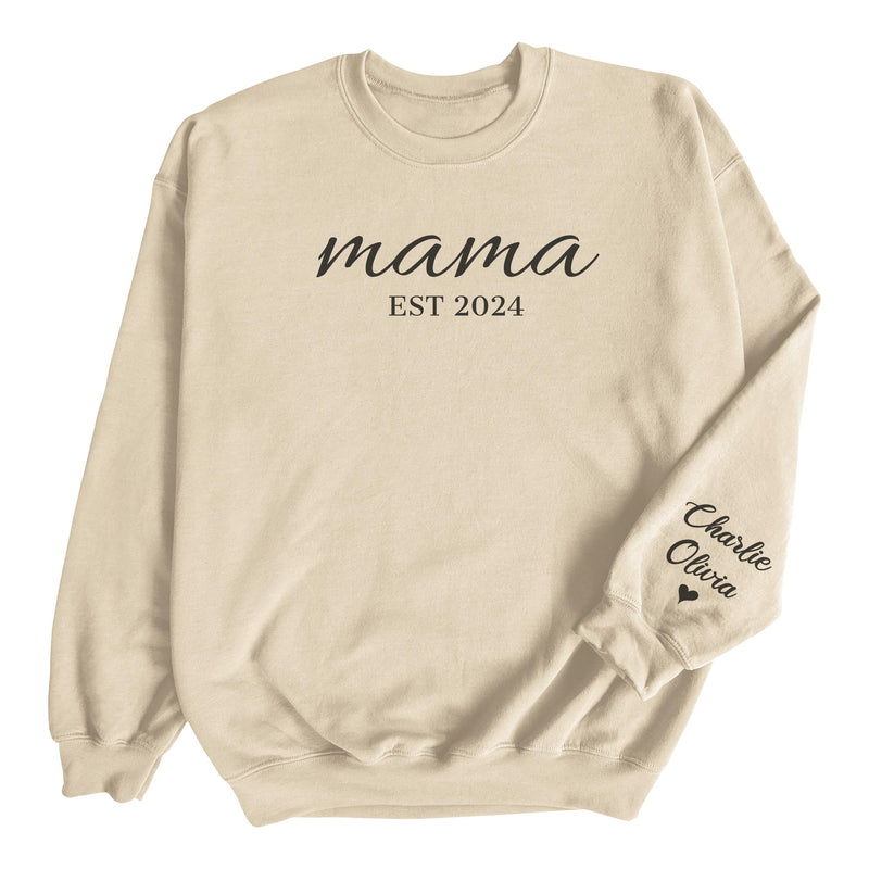 PERSONALISED Mama Scripted Est & Sleeve Name Print - All Styles - Mum T-Shirt, Sweater & Hoodie