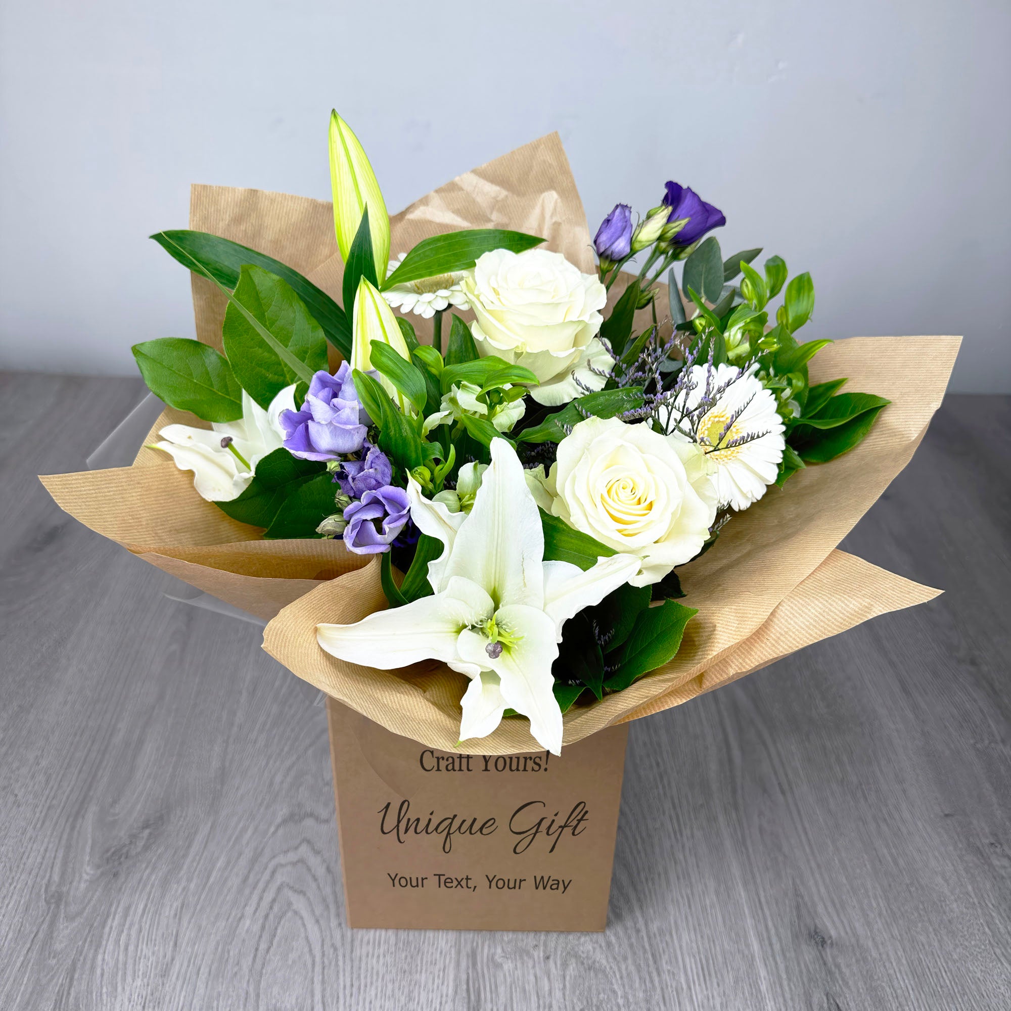 PERSONALISED Meadow Blues Hand Tied Box Bouquet - Create Your Own Text Design