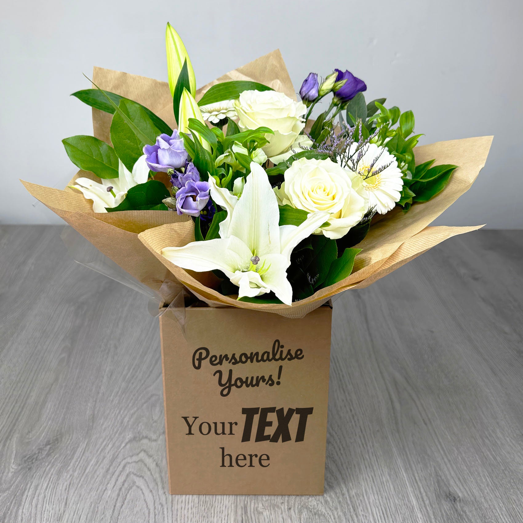 PERSONALISED Meadow Blues Hand Tied Box Bouquet - Create Your Own Text Design