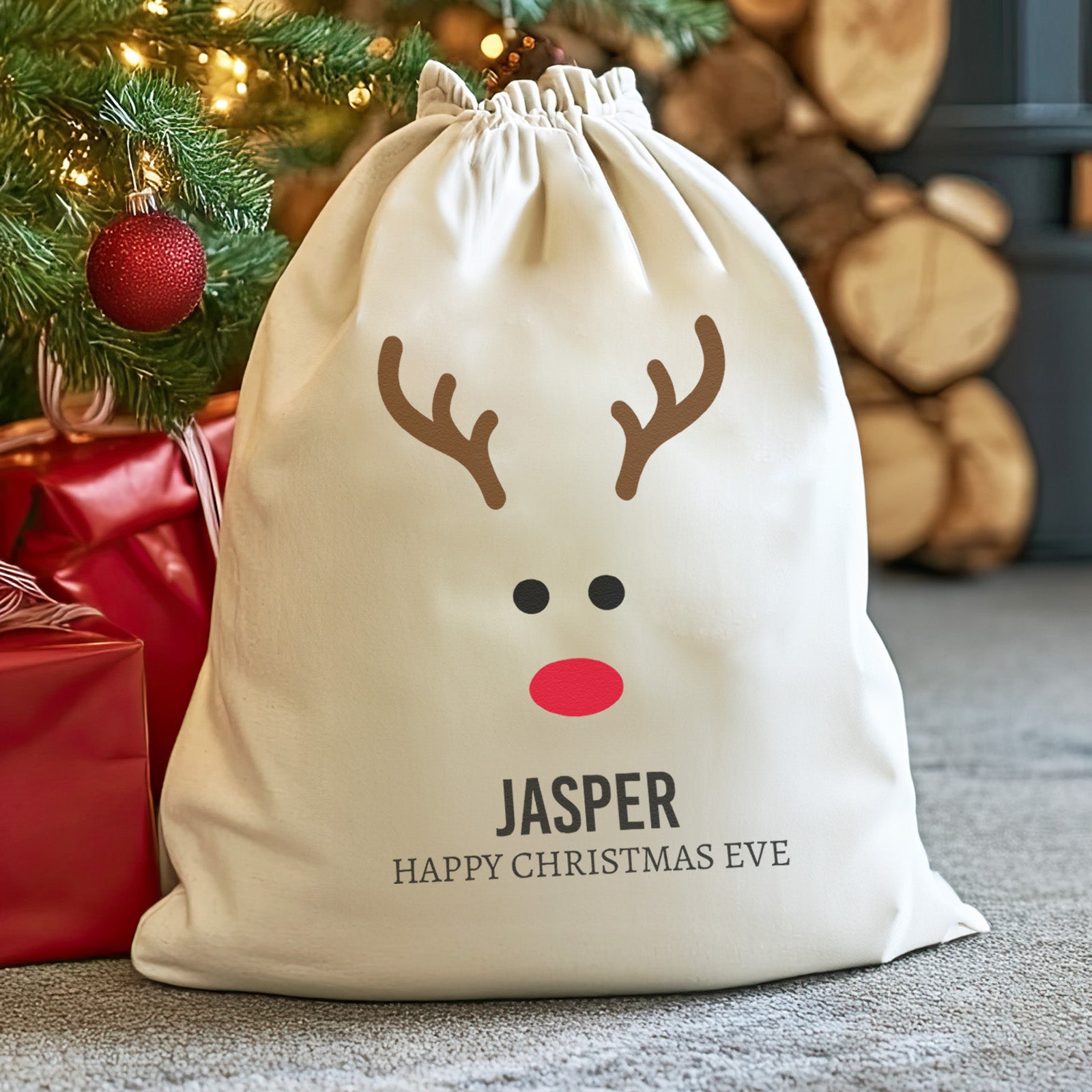 Personalised Reindeer Name Happy Christmas Eve - Christmas Eve Sack