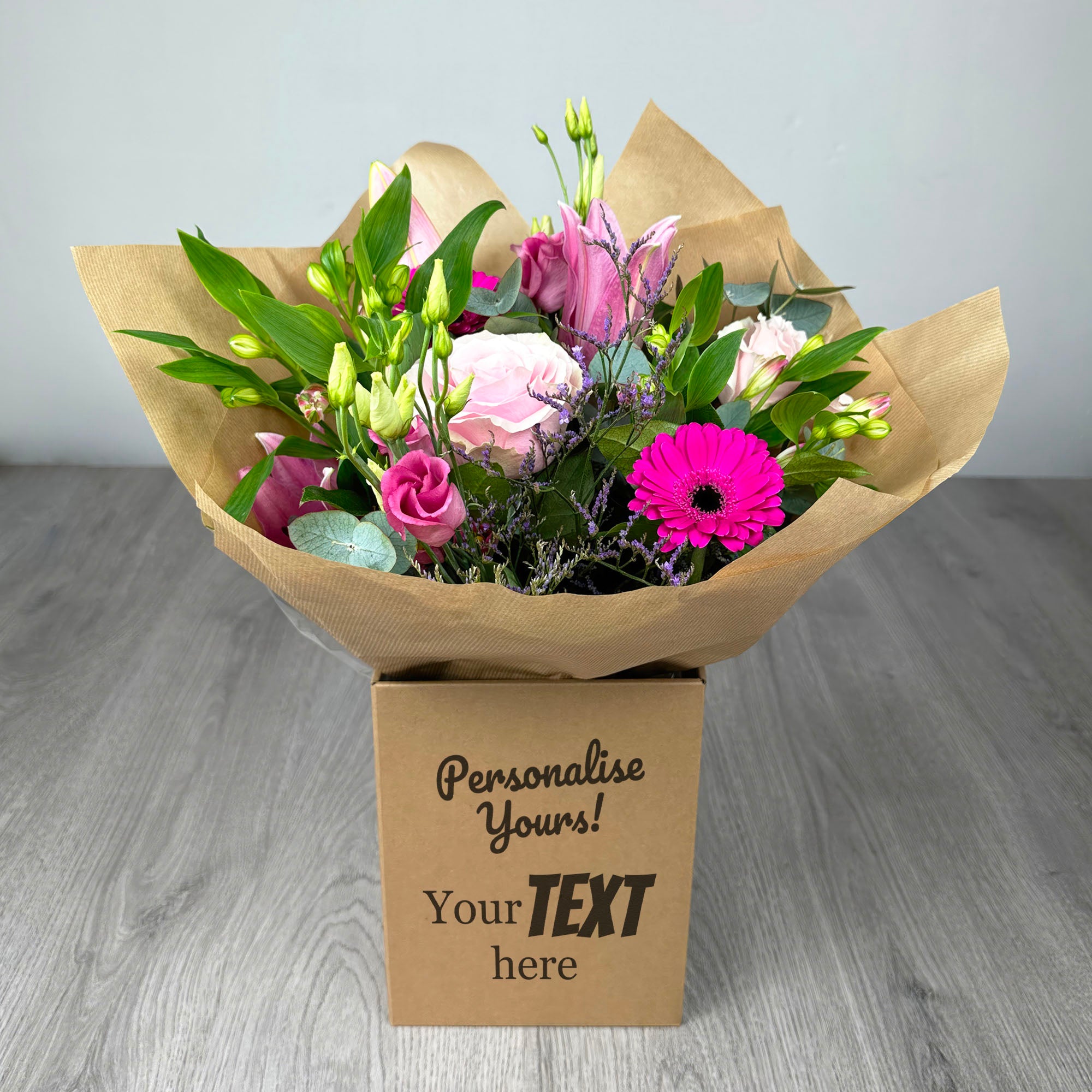 PERSONALISED Pretty Pinks Hand Tied Box Bouquet - Create Your Own Text Design