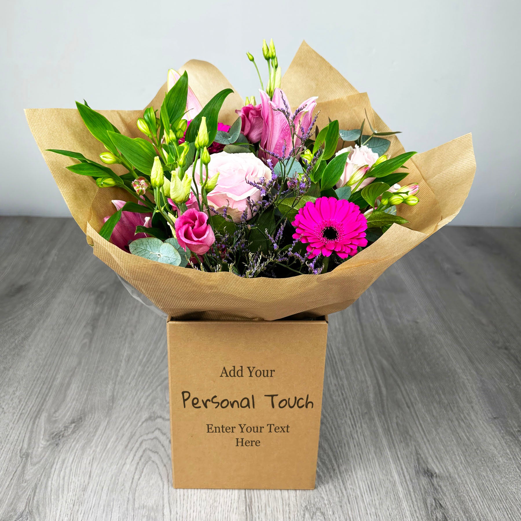 PERSONALISED Pretty Pinks Hand Tied Box Bouquet - Create Your Own Text Design