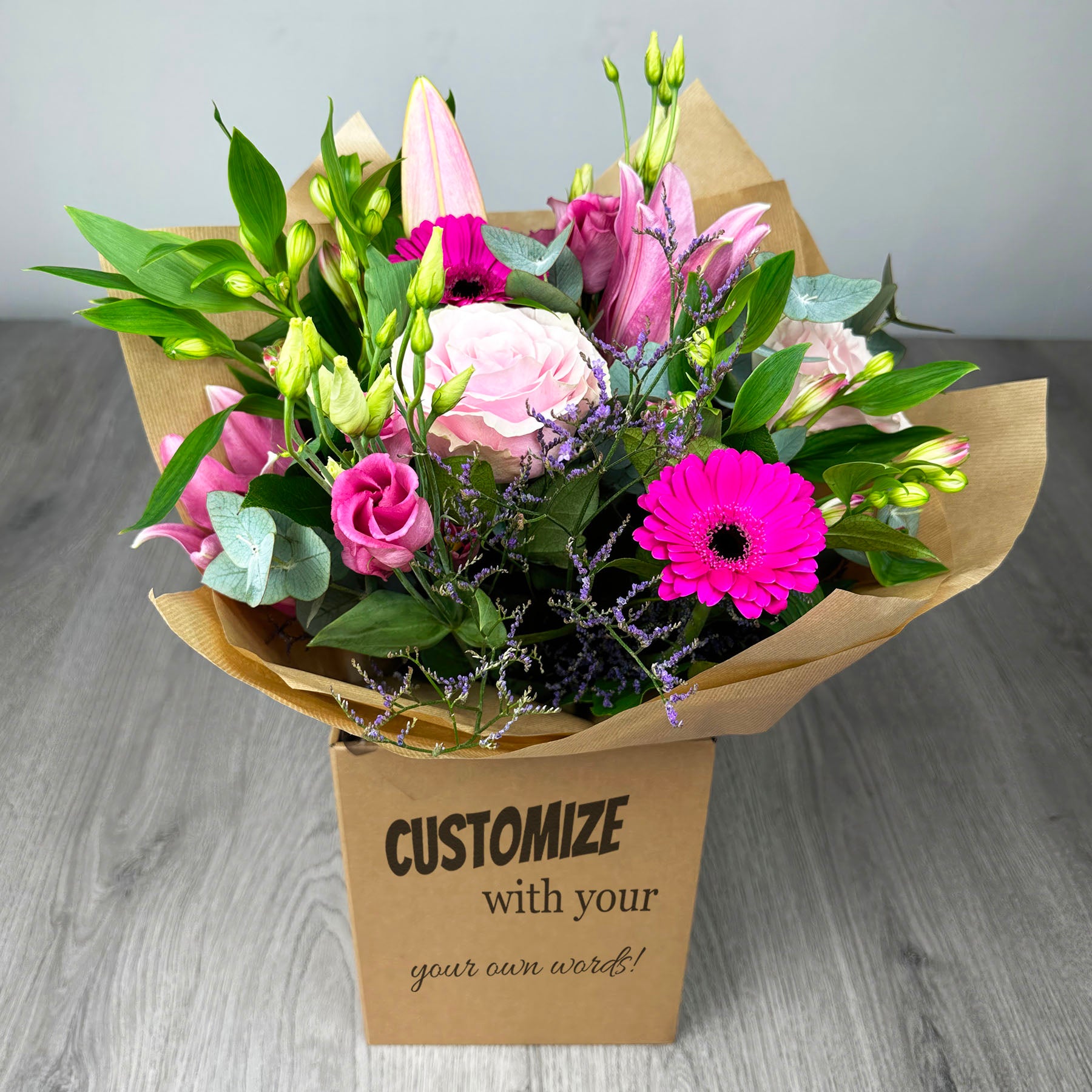 PERSONALISED Pretty Pinks Hand Tied Box Bouquet - Create Your Own Text Design