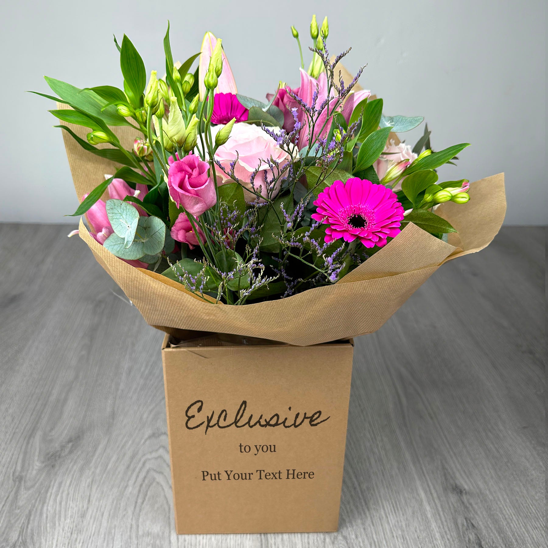 PERSONALISED Pretty Pinks Hand Tied Box Bouquet - Create Your Own Text Design