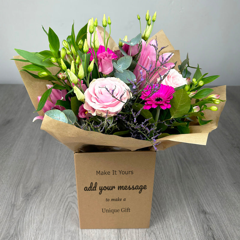 PERSONALISED Pretty Pinks Hand Tied Box Bouquet - Create Your Own Text Design