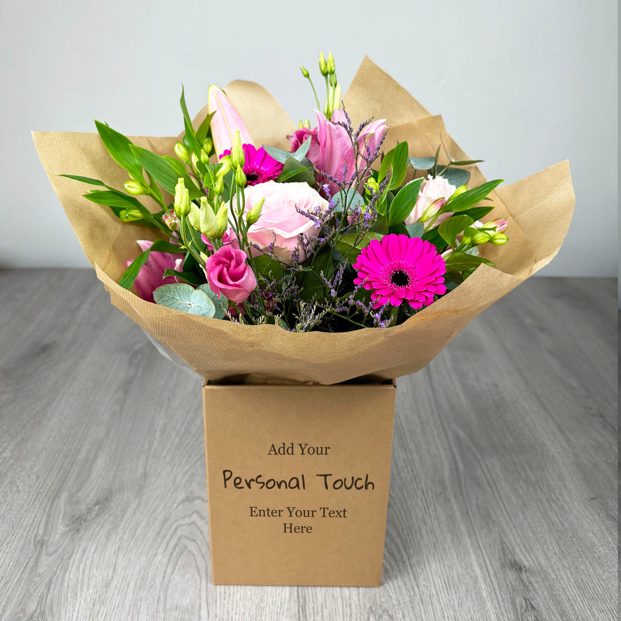 PERSONALISED Pretty Pinks Hand Tied Box Bouquet - Create Your Own Text Design