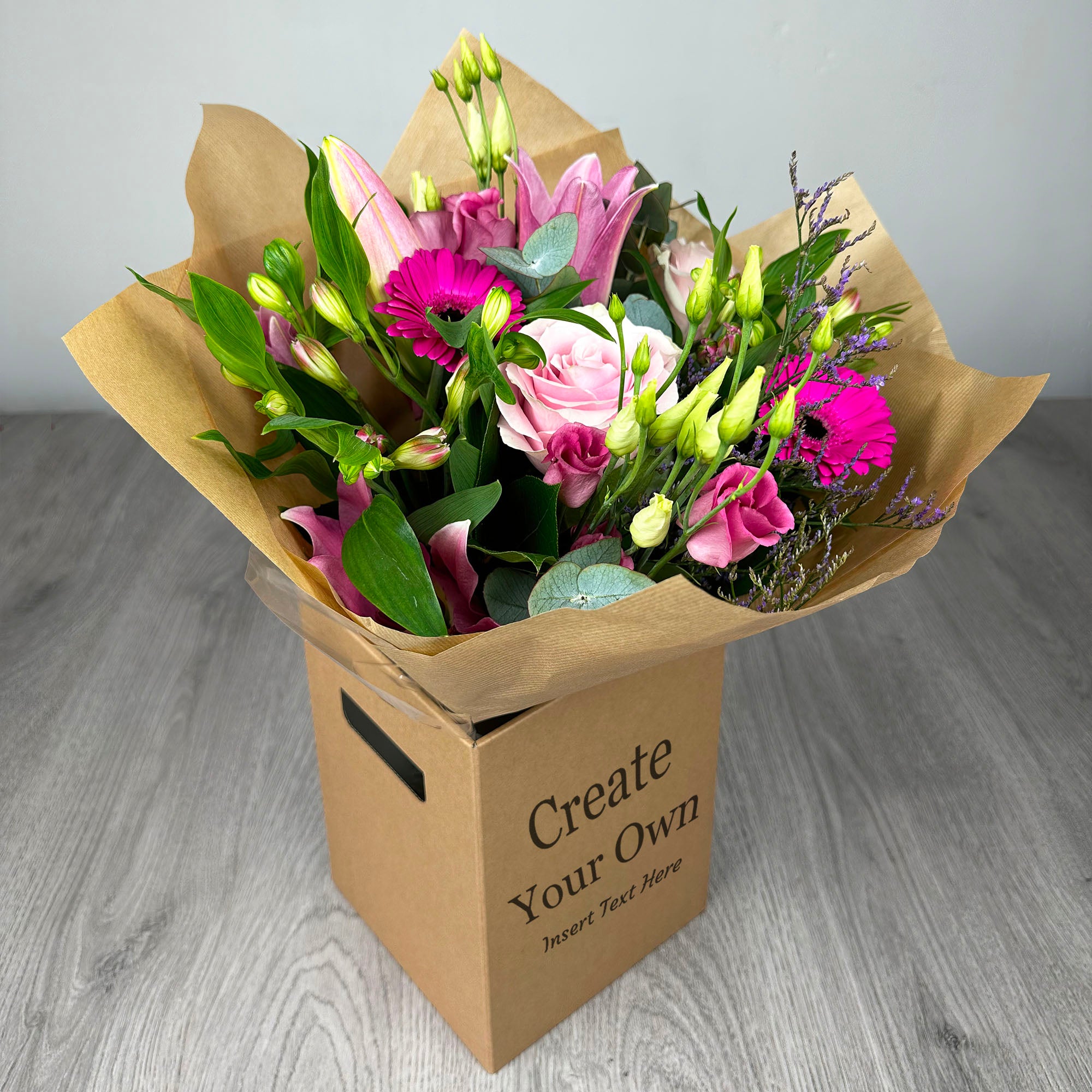 PERSONALISED Pretty Pinks Hand Tied Box Bouquet - Create Your Own Text Design