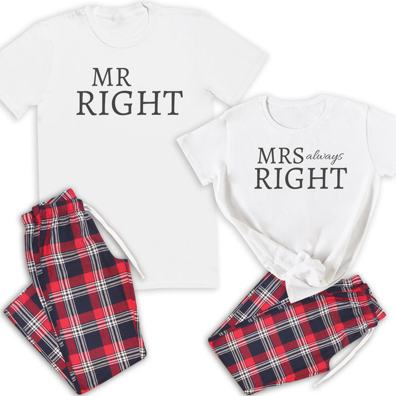 Mr Right & Mrs Always Right - Couples Matching Pyjamas - Top & Tartan PJ Bottoms - (Sold Separately)