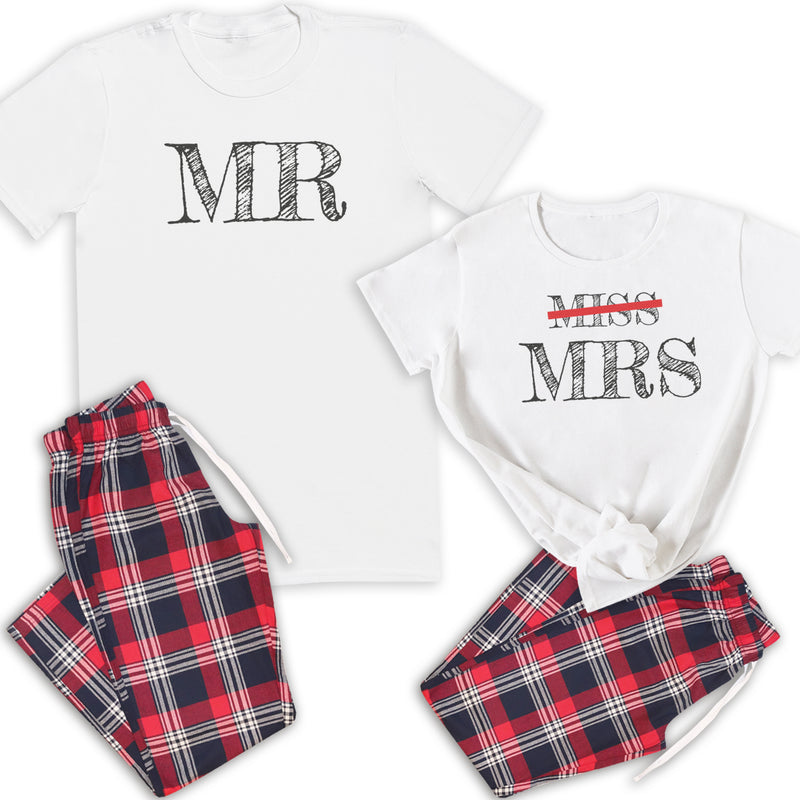 Mr & Now Mrs - Couples Matching Pyjamas - Top & Tartan PJ Bottoms - (Sold Separately)