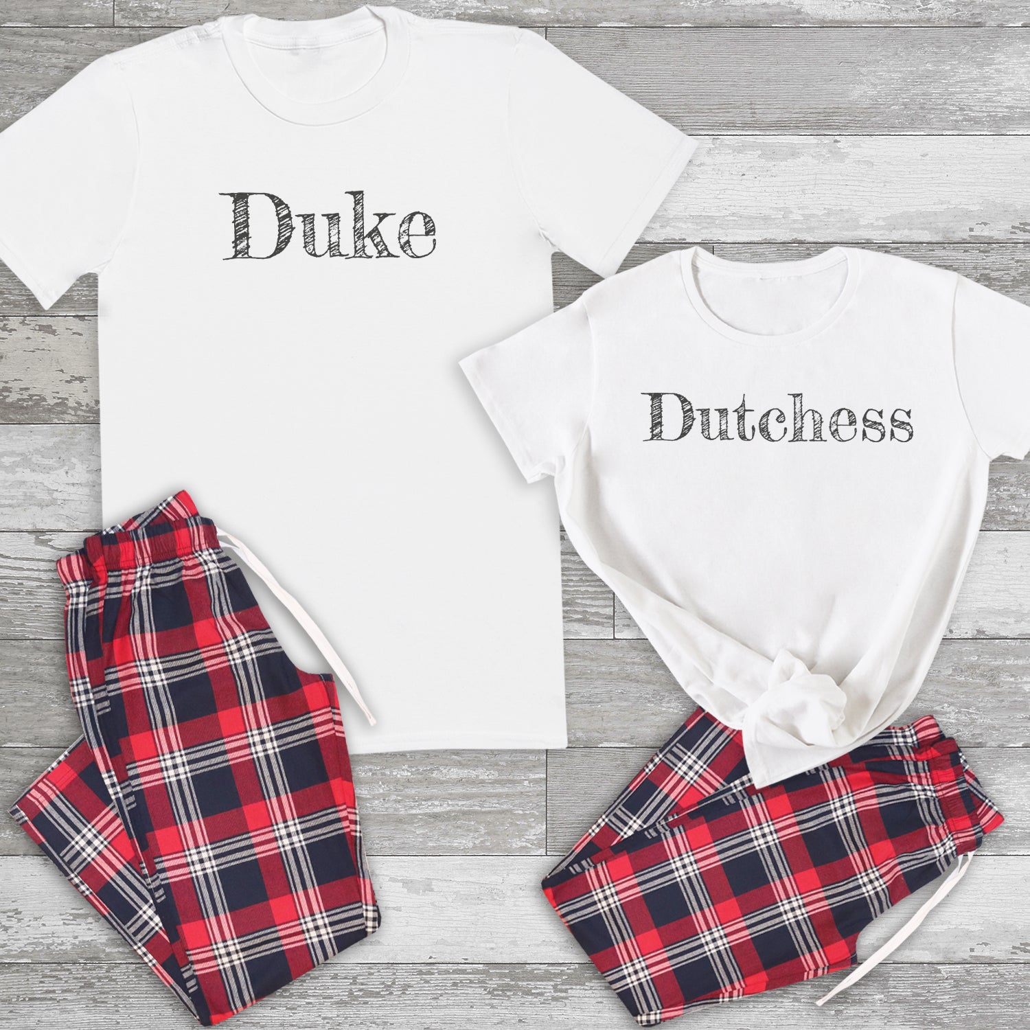 Duke & Dutchess - Couples Matching Pyjamas - Top & Tartan PJ Bottoms - (Sold Separately)