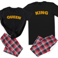 King & Queen Text - Couples Matching Pyjamas - Top & Tartan PJ Bottoms - (Sold Separately)