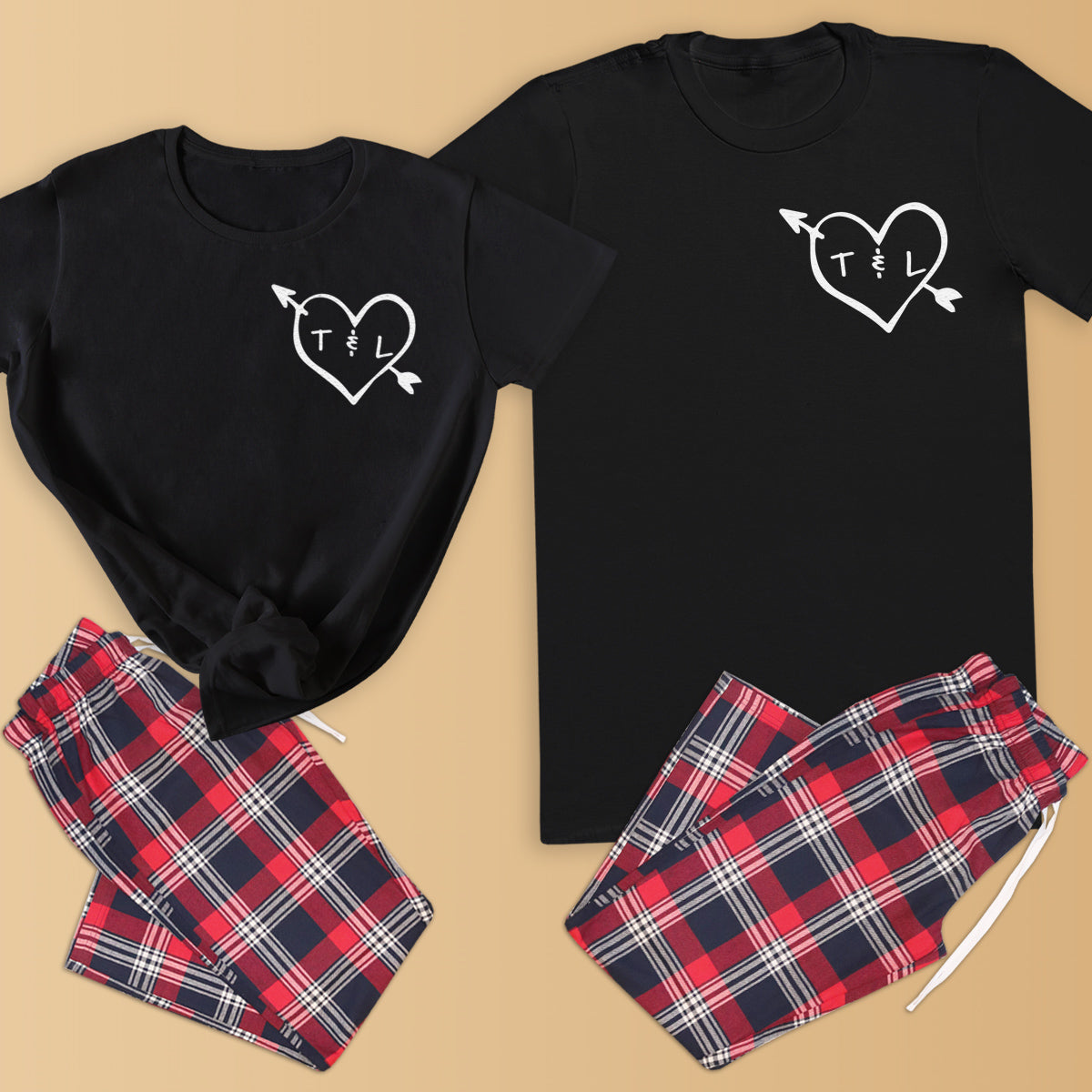 PERSONALISED Heart Arrow & Initials - Couples Matching Pyjamas - Top & Tartan PJ Bottoms - (Sold Separately)