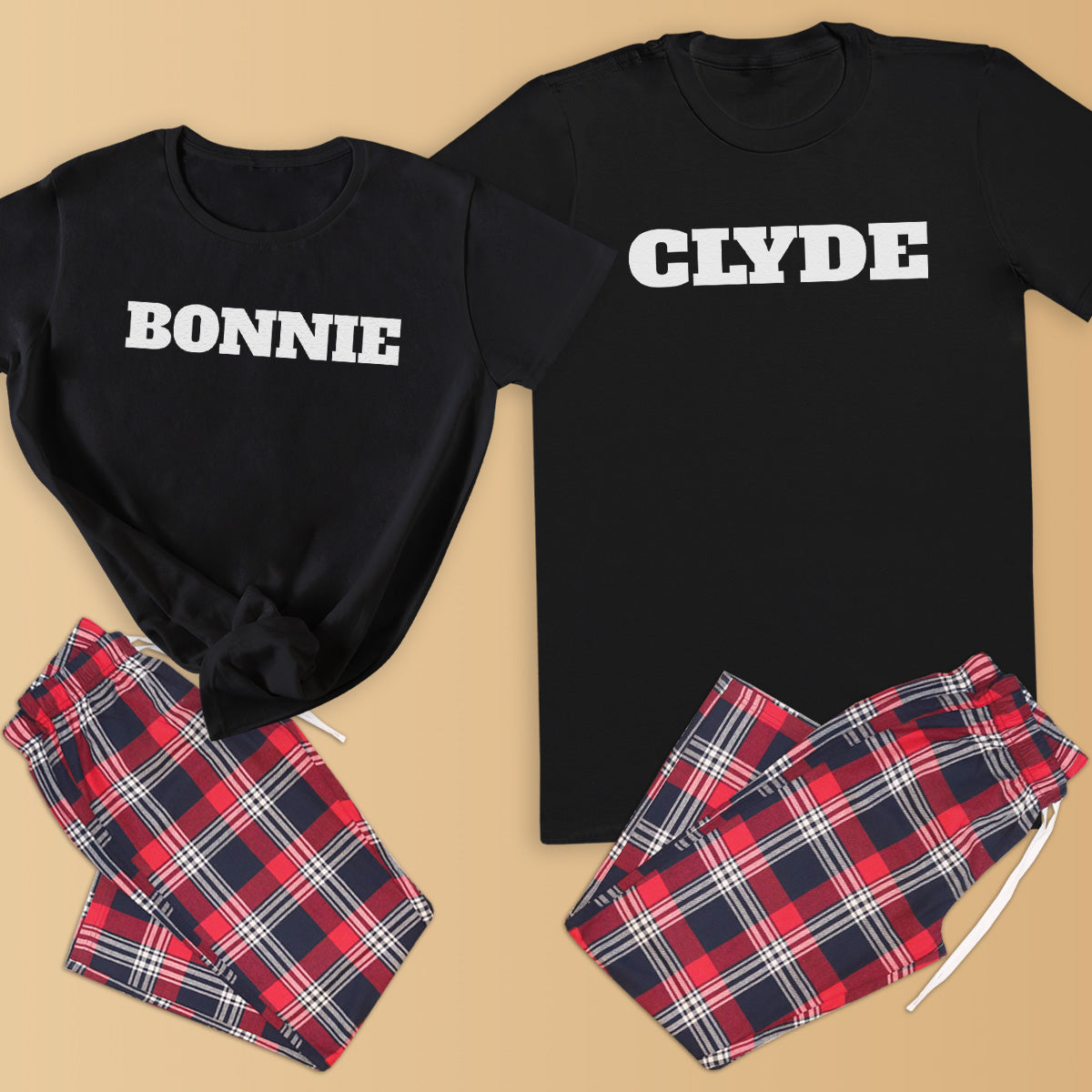 Bonnie & Clyde - Couples Matching Pyjamas - Top & Tartan PJ Bottoms - (Sold Separately)