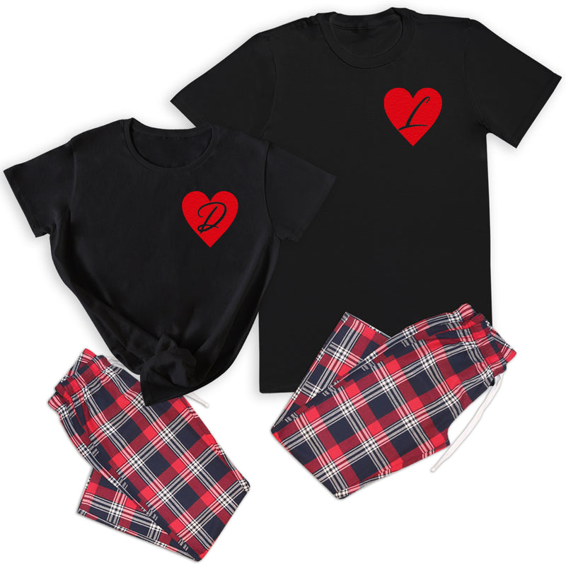 PERSONALISED Initial & Heart  - Couples Matching Pyjamas - Top & Tartan PJ Bottoms - (Sold Separately)