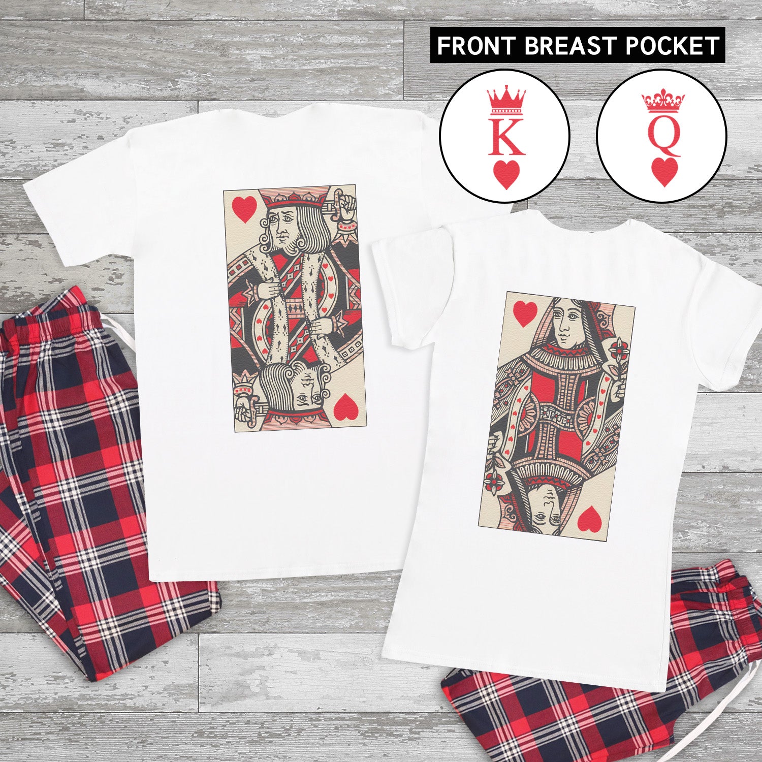 King & Queen Deck of Cards  - Couples Matching Pyjamas - Top & Tartan PJ Bottoms - (Sold Separately)