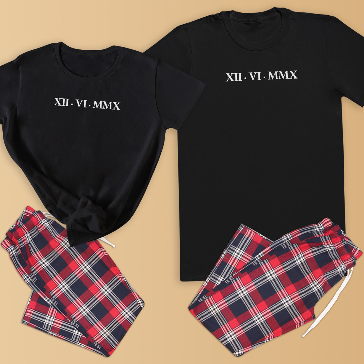 PERSONALISED Roman Numerals Date - Couples Matching Pyjamas - Top & Tartan PJ Bottoms - (Sold Separately)