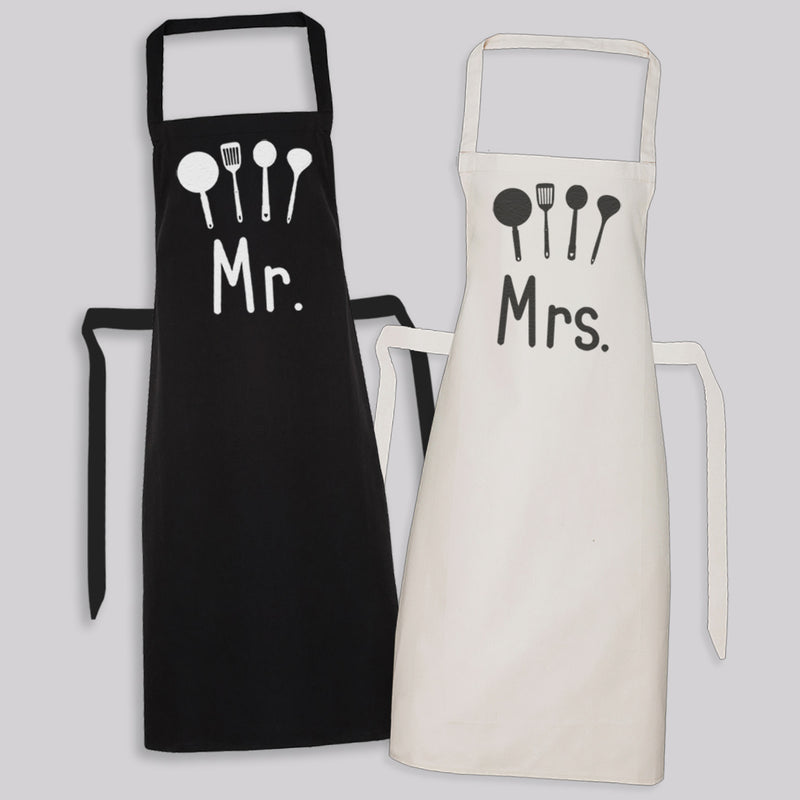 Mr & Mrs Kitchen Chefs- Printed Aprons Set x2 - One Size