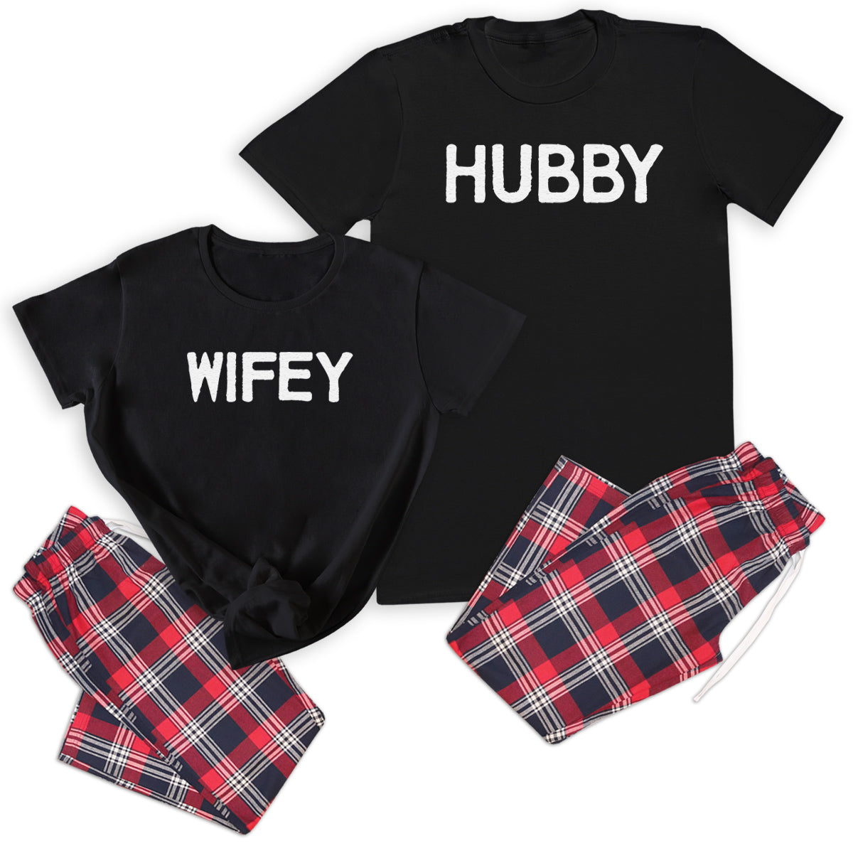 PERSONALISED Hubby & Wifey - Couples Matching Pyjamas - Top & Tartan PJ Bottoms - (Sold Separately)