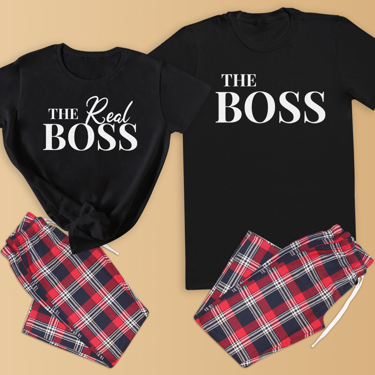 The Boss & The Real Boss - Couples Matching Pyjamas - Top & Tartan PJ Bottoms - (Sold Separately)