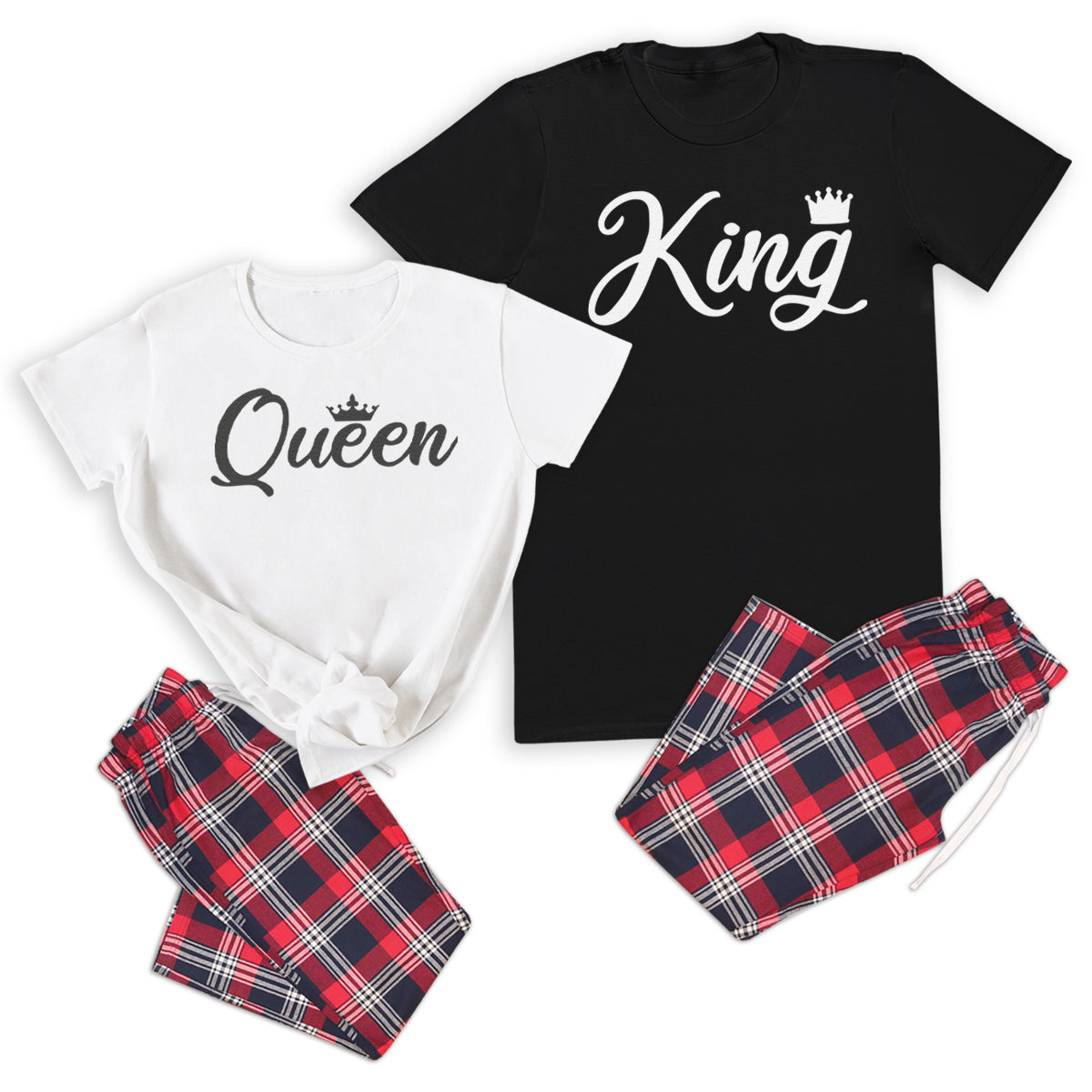 King & Queen Crown - Couples Matching Pyjamas - Top & Tartan PJ Bottoms - (Sold Separately)