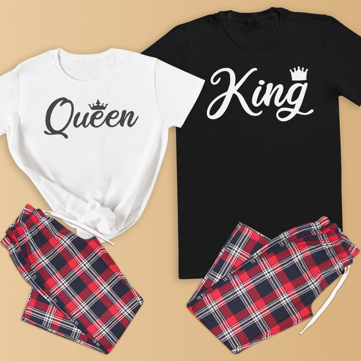 King & Queen Crown - Couples Matching Pyjamas - Top & Tartan PJ Bottoms - (Sold Separately)