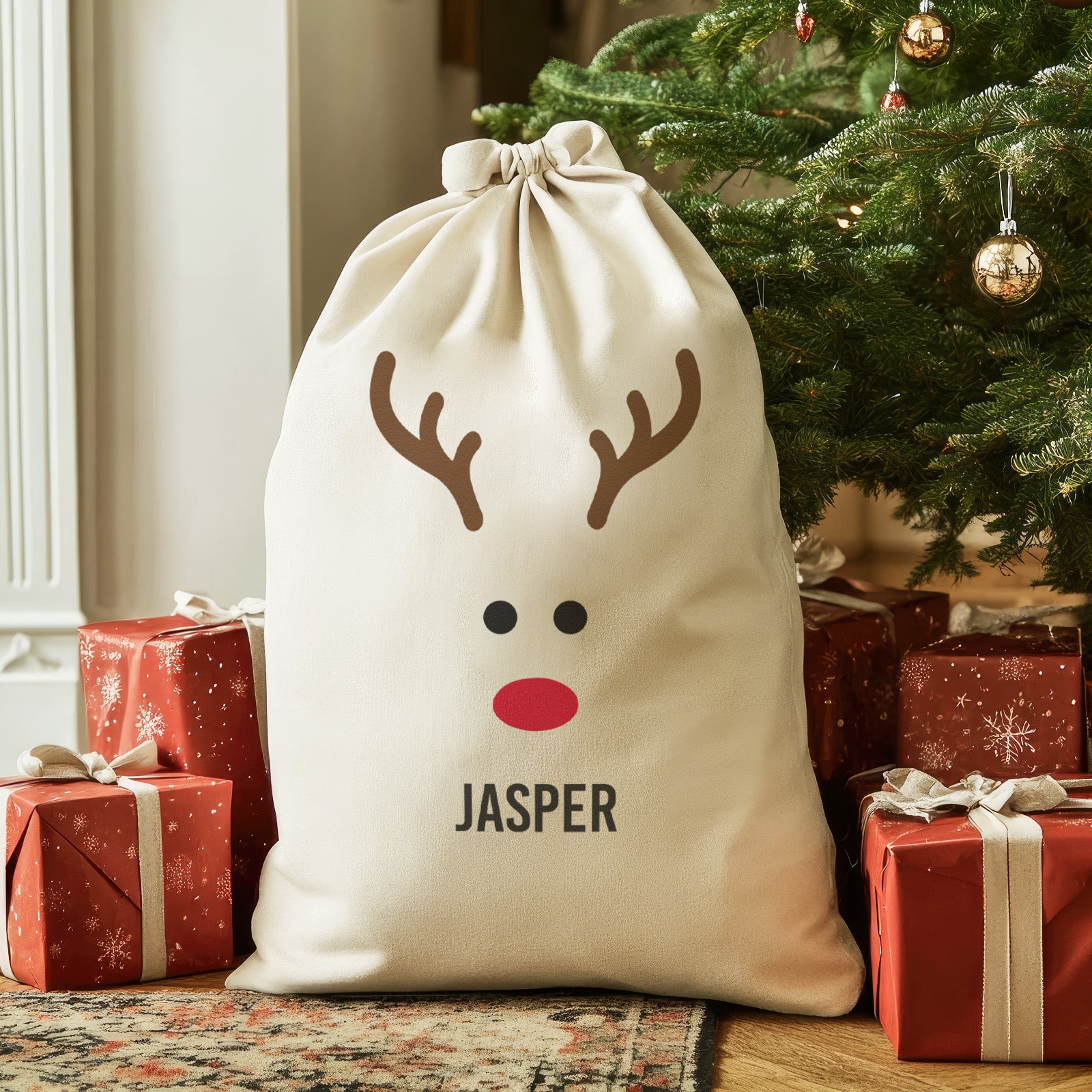 Personalised Name Reindeer Face - Christmas Santa Sack