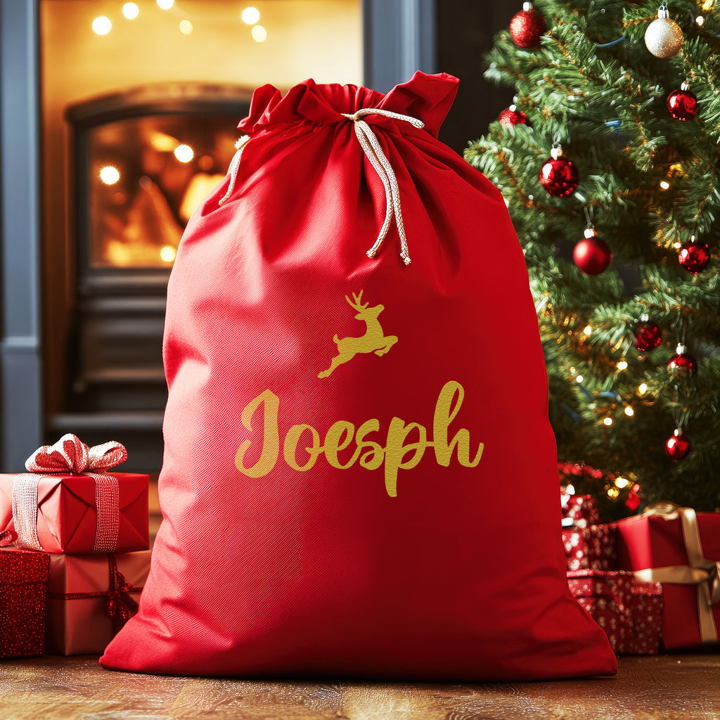 Personalised Name & Reindeer in Gold - Christmas Santa Sack