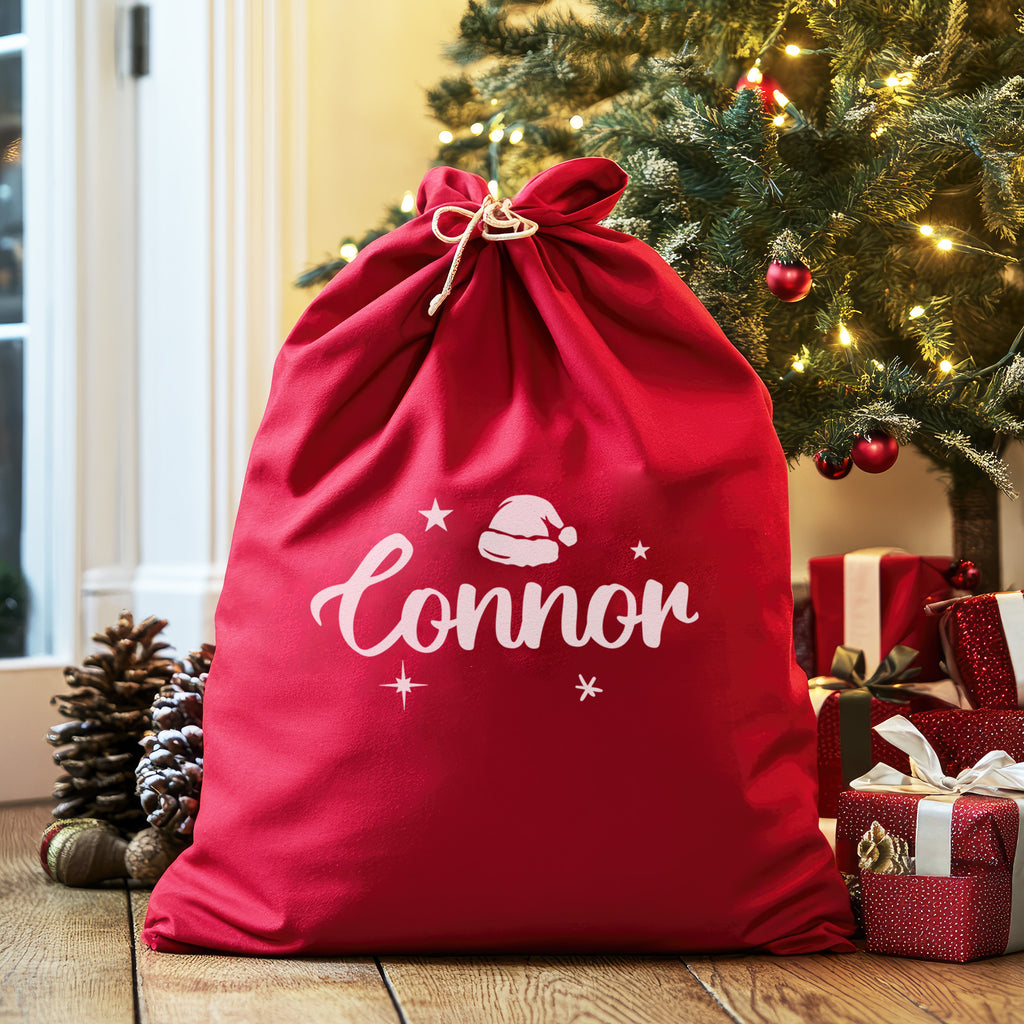 Personalised Name, Stars & Santa Hat - Christmas Santa Sack