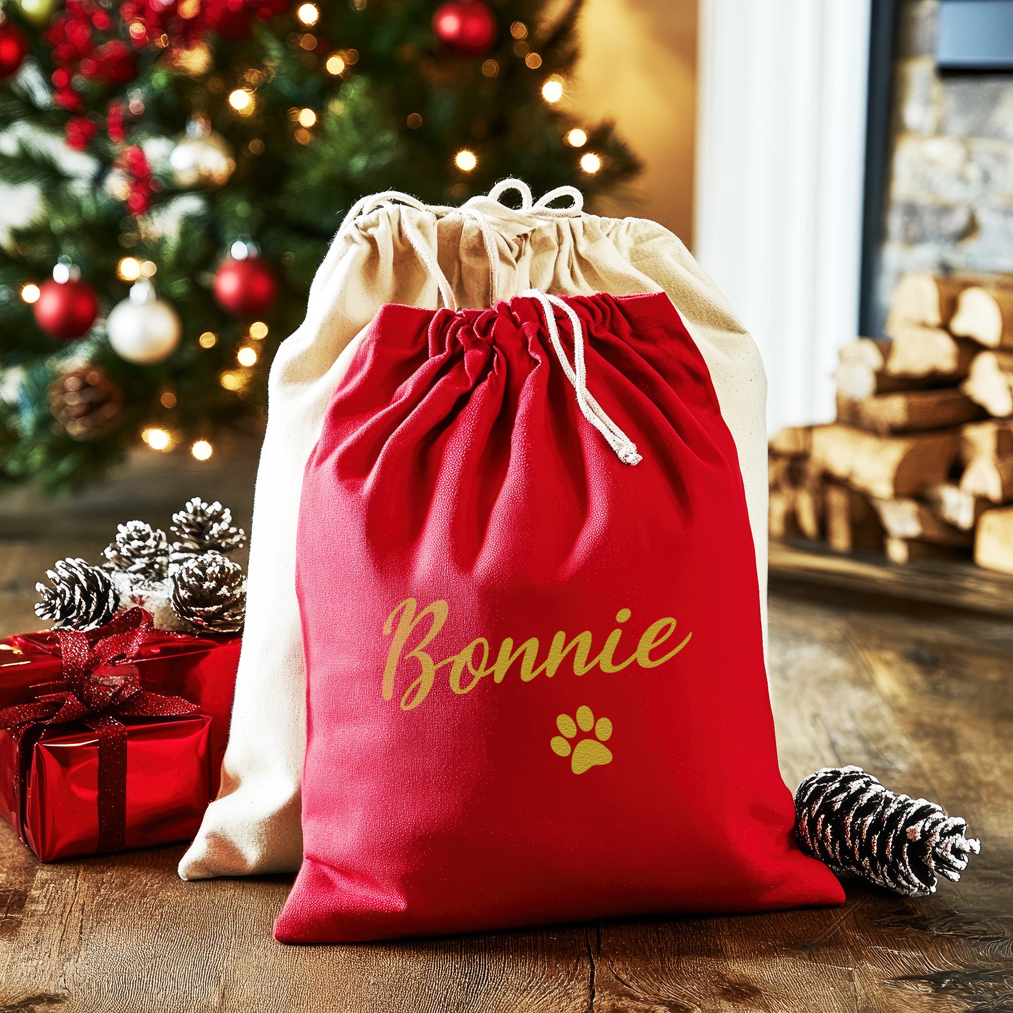 Personalised Name & Paw in Gold - Christmas Santa Sack