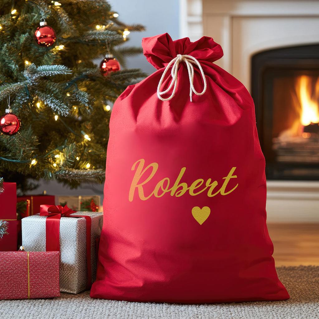 Personalised Name & Heart in Gold - Christmas Santa Sack