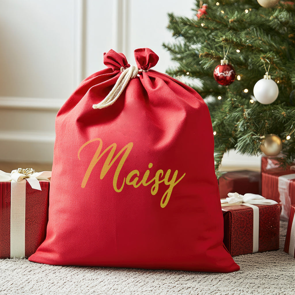 Personalised Name Scripted in Gold - Christmas Santa Sack