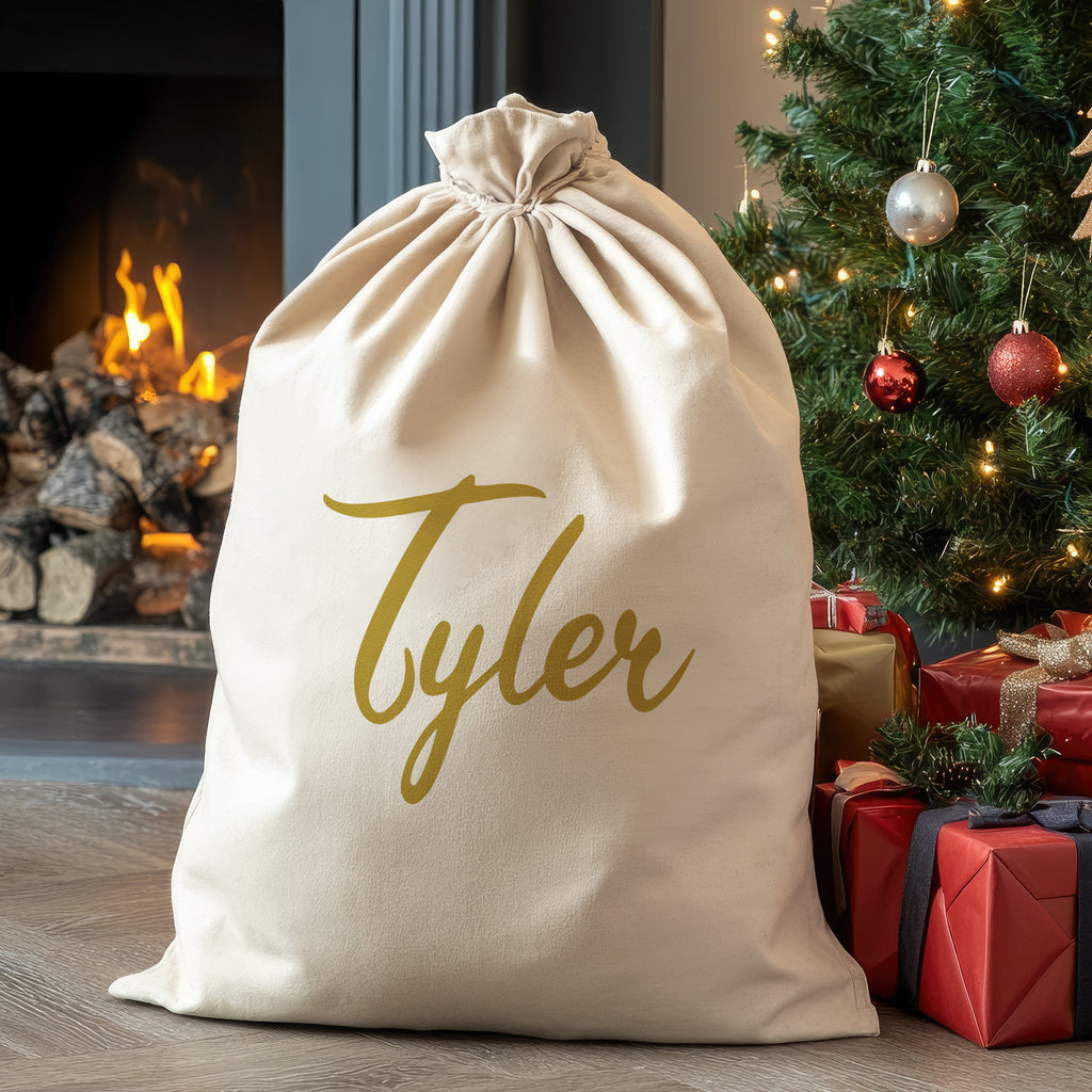 Personalised Name Scripted in Gold - Christmas Santa Sack