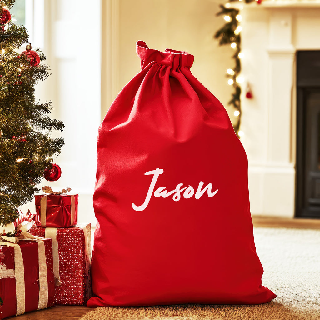 Personalised Name in Scripted White - Christmas Santa Sack